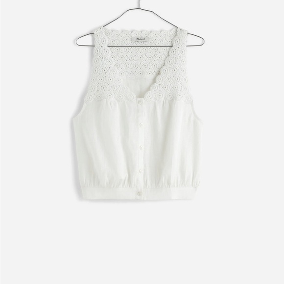 Madewell 100% Linen Embroidered V-Neck Bubble Top - Picture 6 of 7